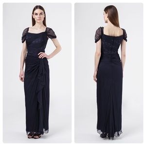 Tadashi Shoji Long Evening Gown Chiffon Navy Blue Sheer Sleeves Beaded Size 12
